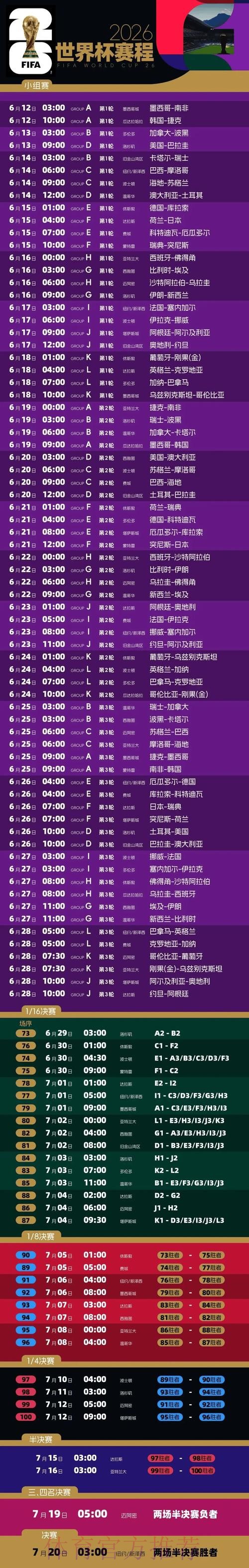 2026世界杯完整赛程完整版高清直播免费观看